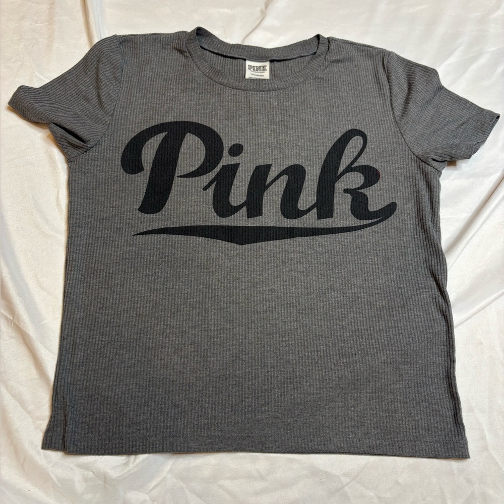 Victoria's PINK Gray Ribbed Logo Tee size large
